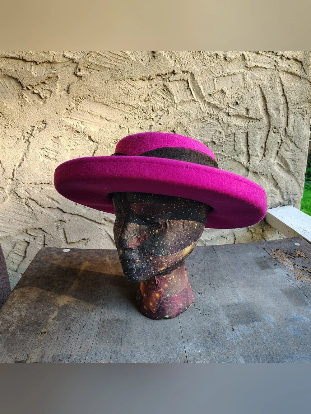 80s Vintage Hat Women's Hot Pink Wool W/ Black Ribbon Bow Wide Brim USA Vtg
